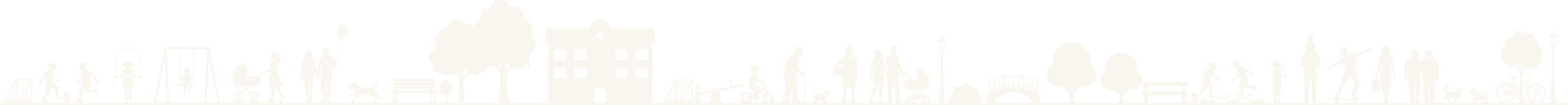 Silhouet van een levendige buurt waarin kinderen samen opgroeien, met schoolgebouw en schoolplein: voetballende kinderen bij het goal, touwtjespringen, schommelen, een vader met peuter op de schouders, skatende tieners, een ouder met kinderwagen, grootouders, honden en wandelende gezinnen